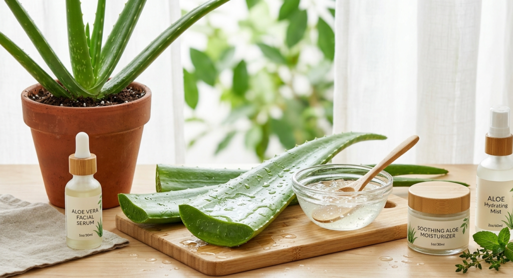 Fresh aloe vera plant with gel extracted in a bowl showing natural skincare and health benefits