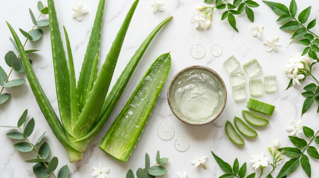 aloe vera benefits — fresh aloe vera plant with cut leaf showing clear
gel and pure aloe vera in a glass bowl on white marble