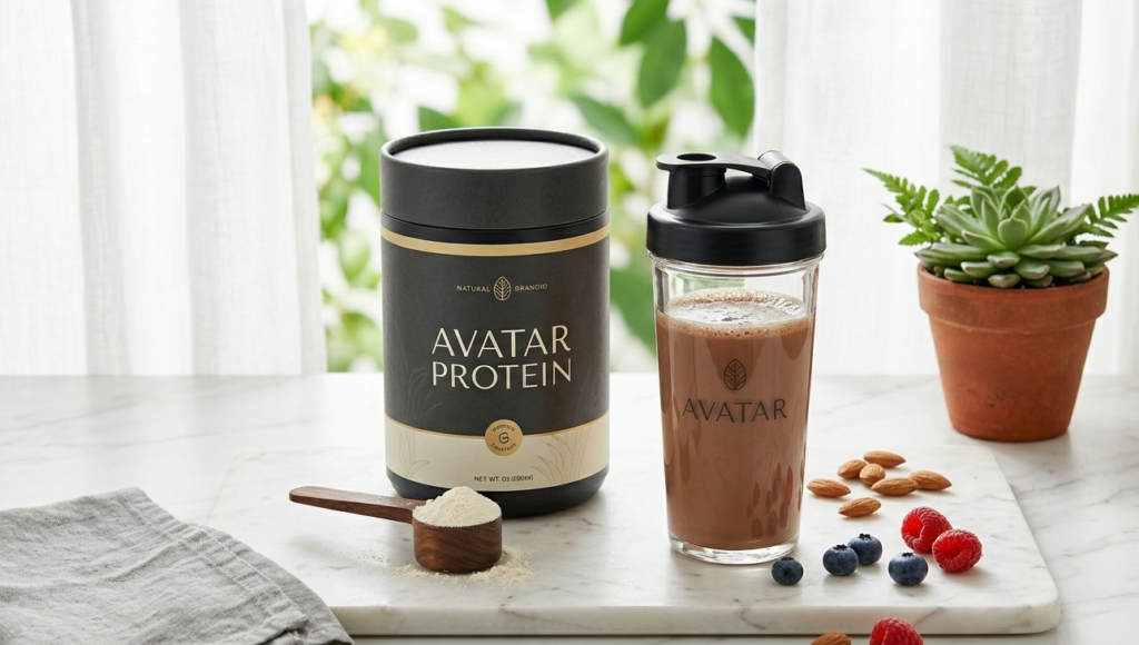 Avatar Protein supplement container with shaker bottle and healthy ingredients on marble surface