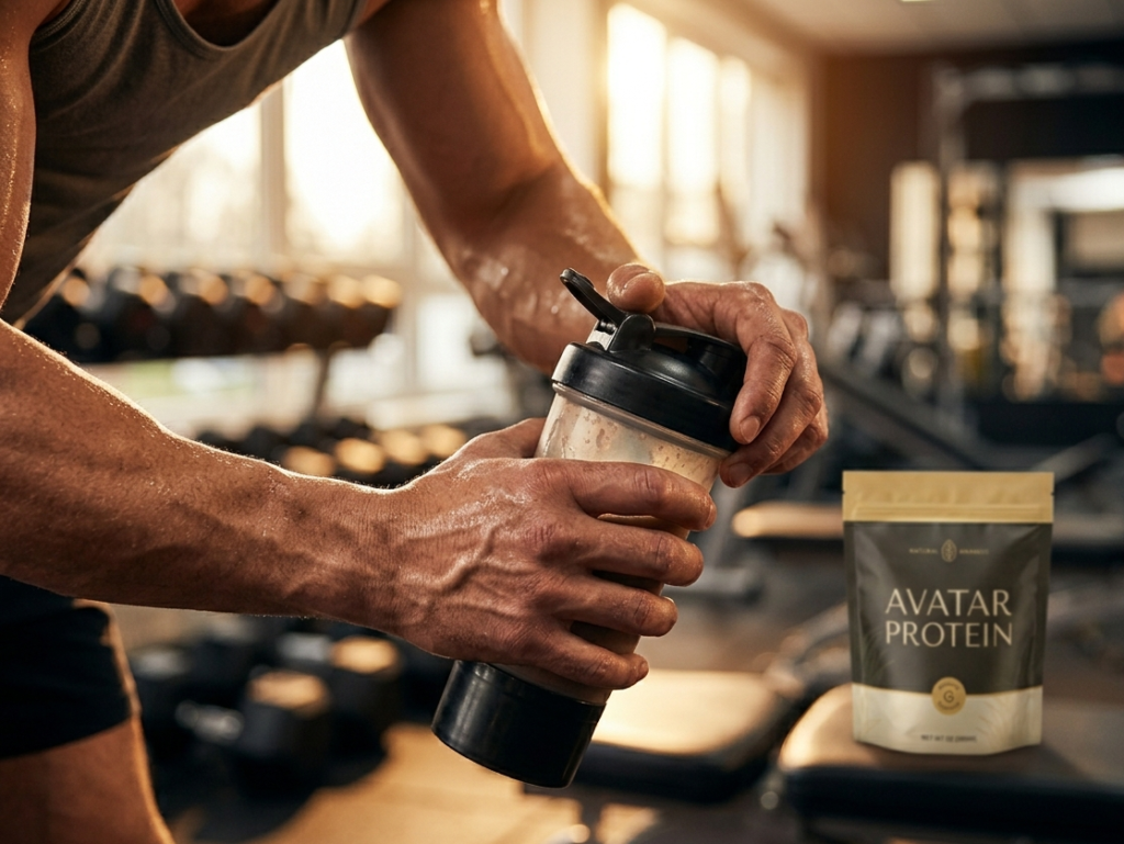 Athlete holding Avatar Protein shaker bottle during post-workout recovery at the gym