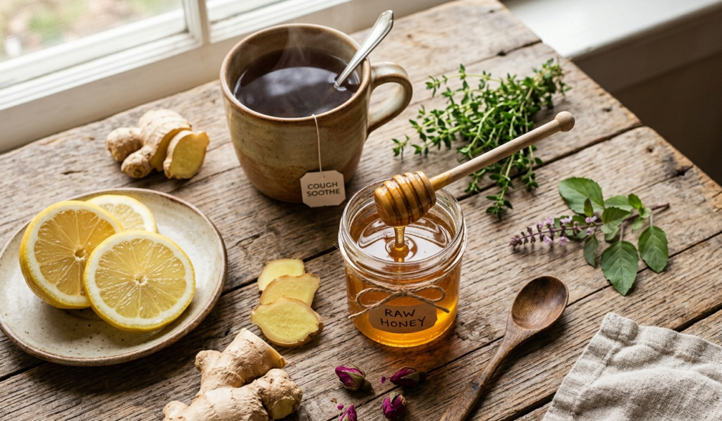 A flat lay of natural dry cough remedies including a jar of honey, fresh ginger slices, lemon halves, and a steaming cup of herbal tea arranged on a rustic wooden surface.