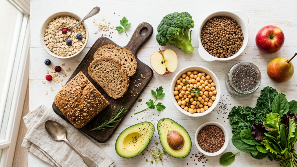 A colorful flat-lay of high fiber foods for constipation relief, including fruits, vegetables, legumes, and whole grains arranged on a white surface.