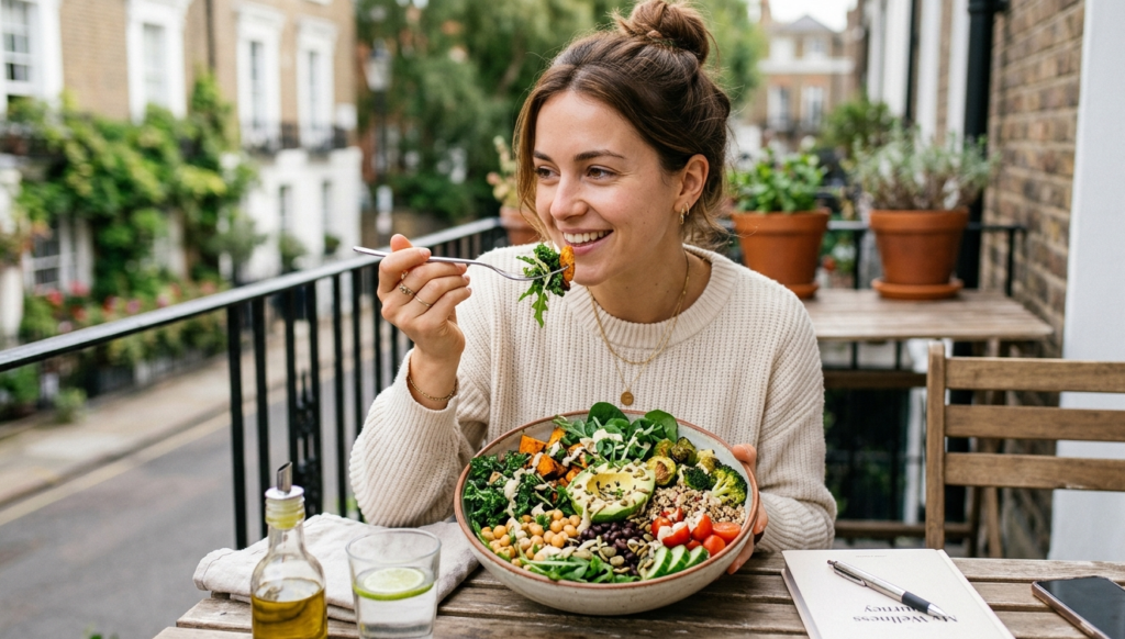 woman
eating a high fiber salad bowl for weight ,how much fiber per day for weight loss