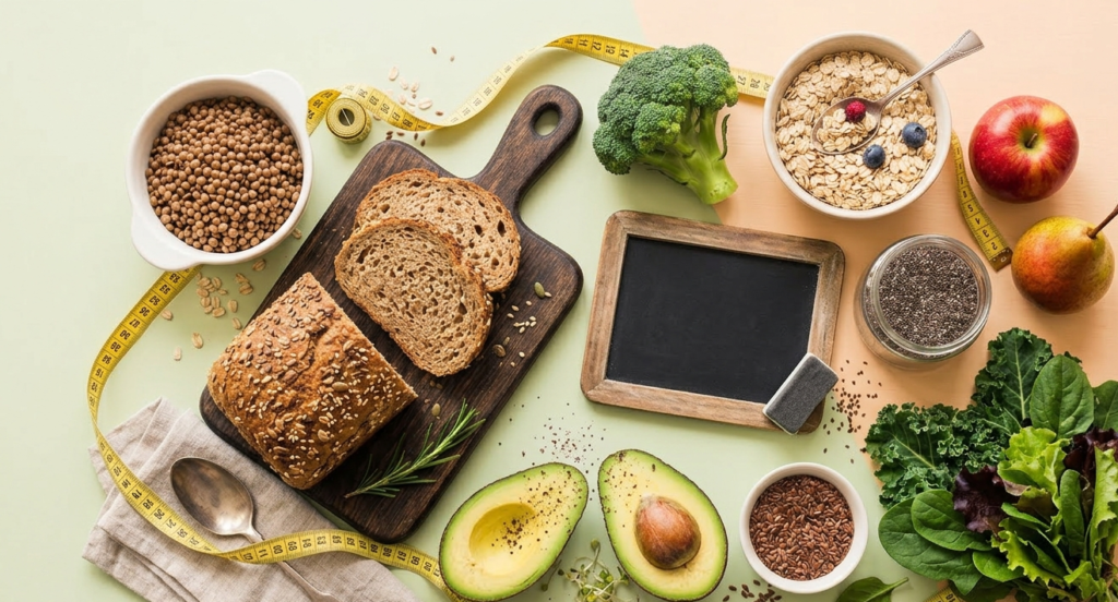 High-fiber foods for weight loss arranged around a measuring tape, showing how much fiber per day supports healthy weight management.