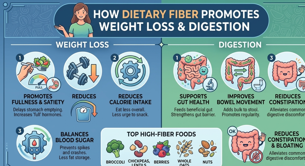 infographic showing how
dietary fiber helps with weight loss and digestion