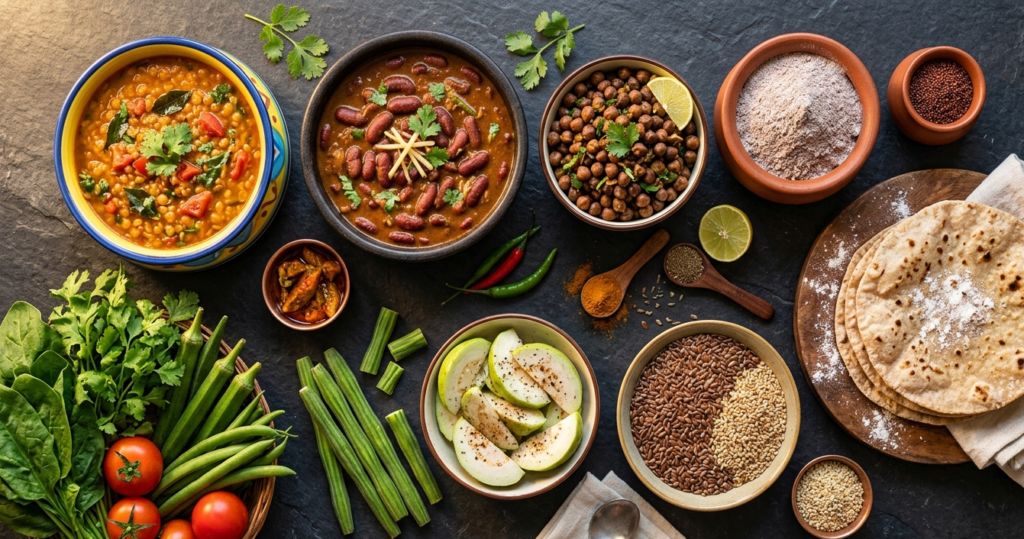 iber rich Indian food flat lay including dal, rajma, millets, guava and vegetables