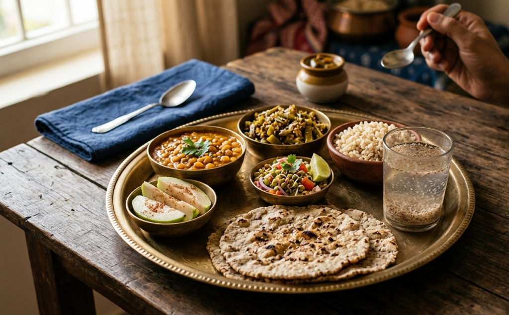 high fiber Indian thali with jowar roti, Chana dal, Sabzi, sprouts and guava for a balanced diet,  fiber rich Indian food