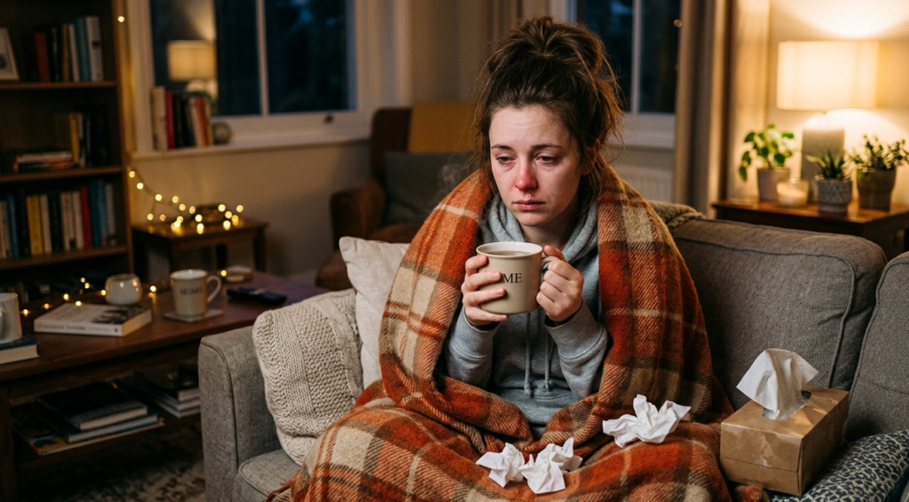 woman with cold symptoms sitting at home wrapped in blanket holding hot tea, Home Remedy for cold