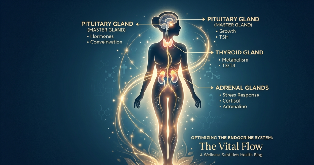 Human body silhouette highlighting the endocrine system and hormone-producing glands in a glowing medical wellness illustration