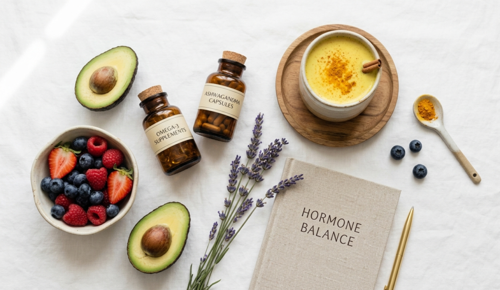 Flat lay of hormone-balancing foods and supplements including berries, avocado, omega-3 capsules, and turmeric milk for natural hormone health, hormone 7 proven way to balance.