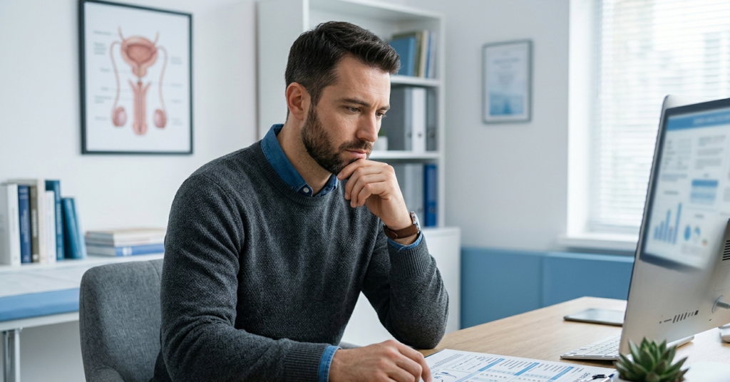 A man reviewing low sperm count signs with a doctor during a fertility consultation