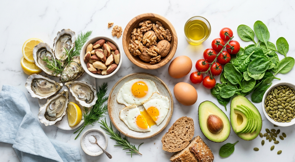 Fertility-boosting foods that help address low sperm count signs including nuts, eggs, and leafy greens