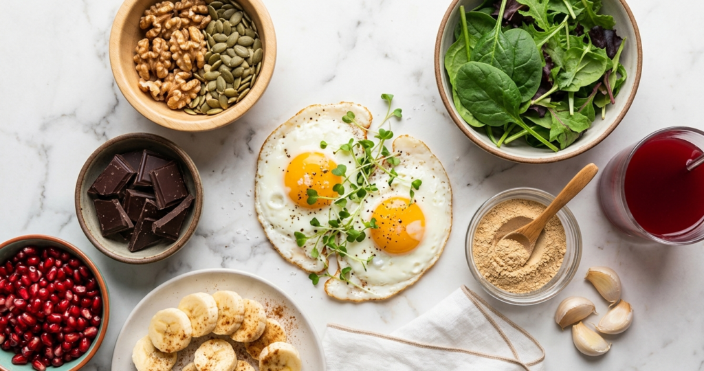 Foods to increase sperm count naturally including walnuts, pumpkin seeds, pomegranate and spinach