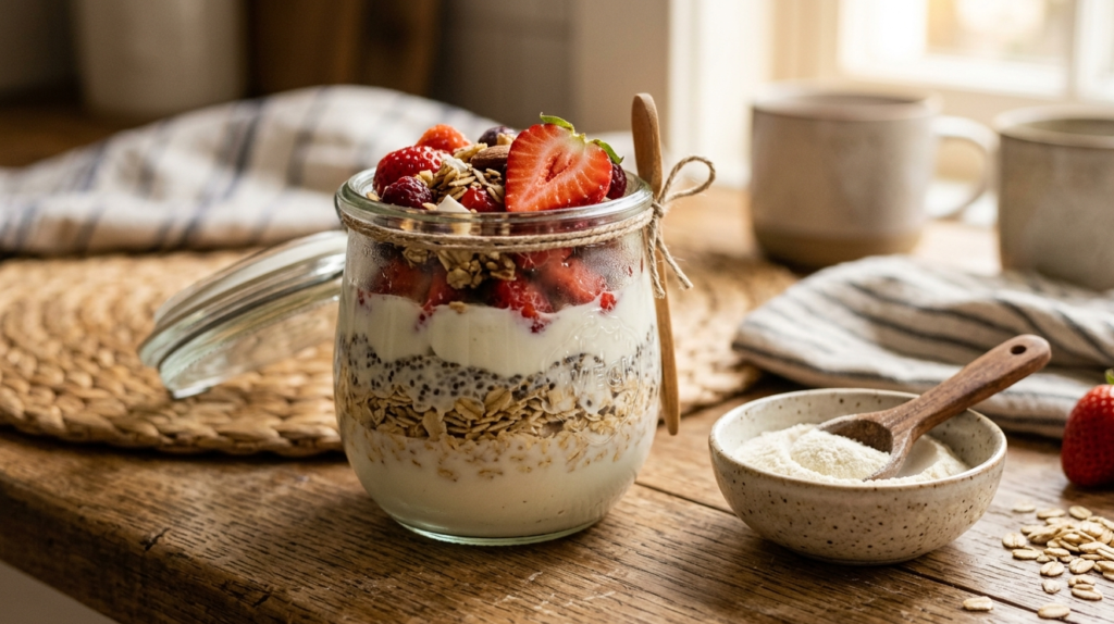 Glass jar of high protein overnight oats with Greek yogurt, chia seeds, and fresh strawberries, High Protein oats