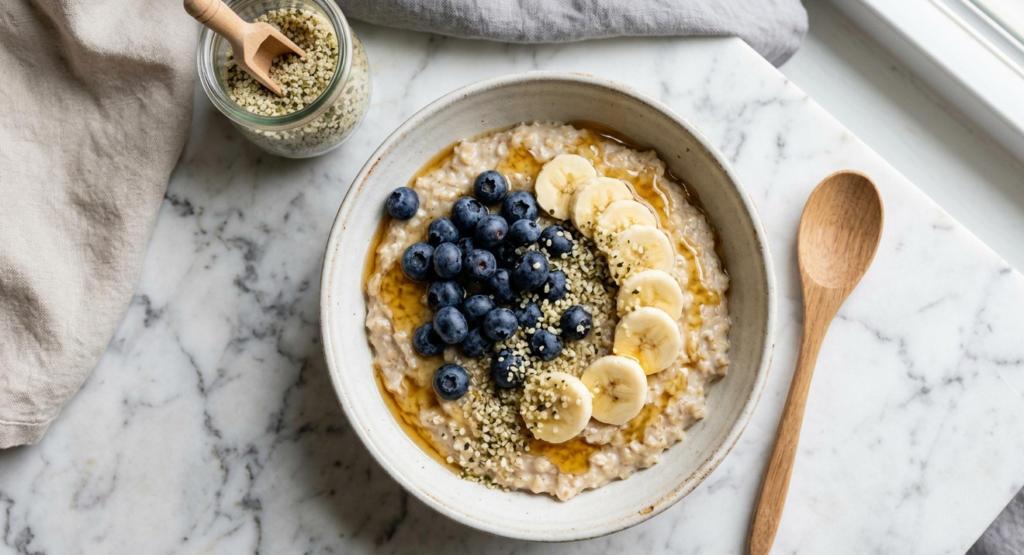 Bowl of high protein oats topped with fresh fruits and seeds on a marble surface