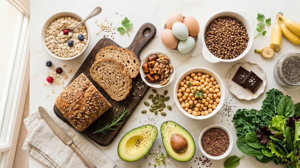 A flat-lay of foods that increase progesterone naturally, including nuts, seeds, leafy greens, eggs, and avocado on a marble surface.
