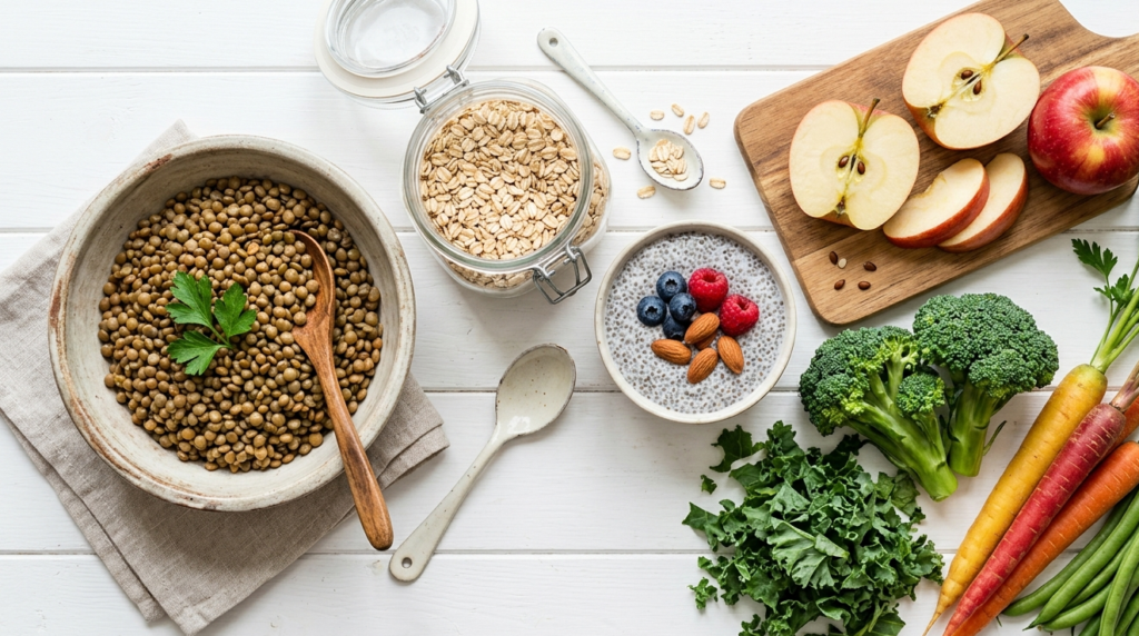 high fiber foods for constipation including lentils oats chia seeds and apples