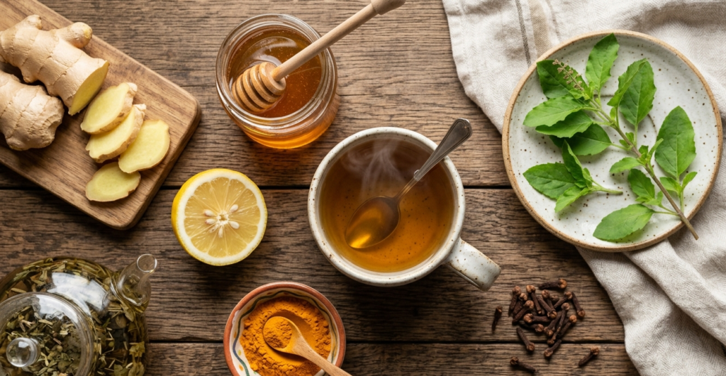 
home remedies for dry cough - natural ingredients including honey, ginger, turmeric, tulsi and lemon 