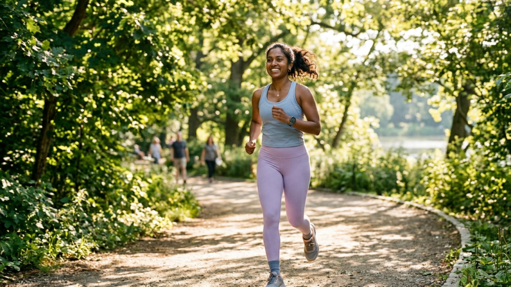 A happy woman jogging in a green park on a sunny morning, symbolizing an active lifestyle and natural weight loss through regular exercise.
