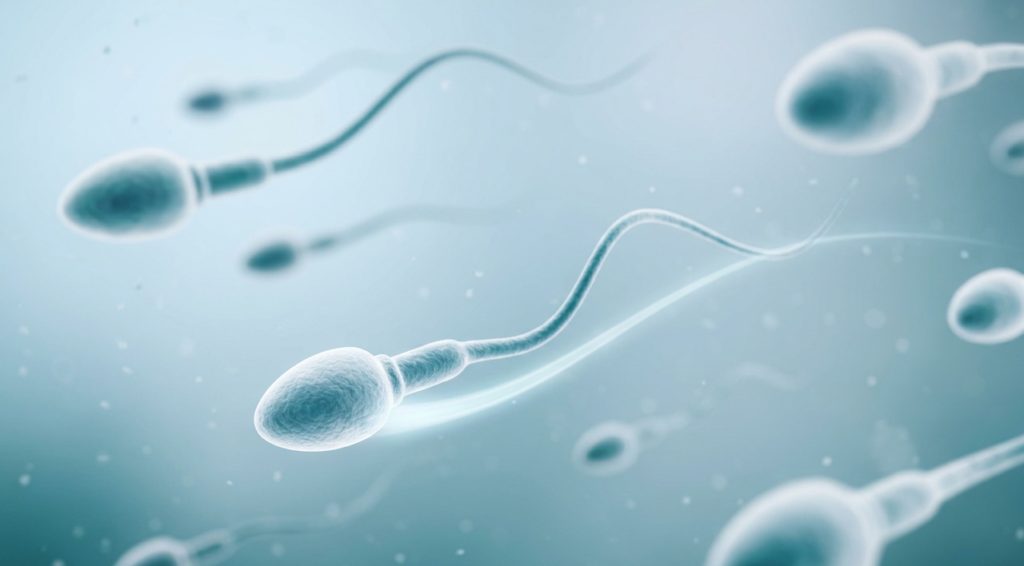 Abstract 3D medical illustration representing healthy sperm motility and cellular energy in a clean blue environment.