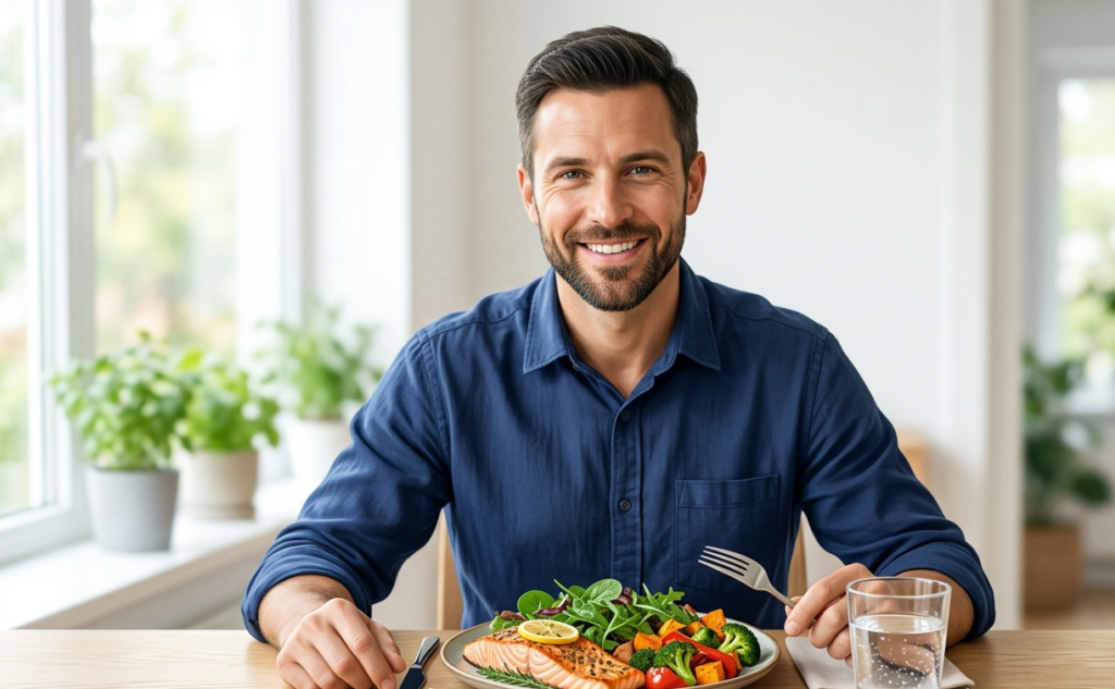 how to increase sperm count , a men eating nutrient-rich foods 