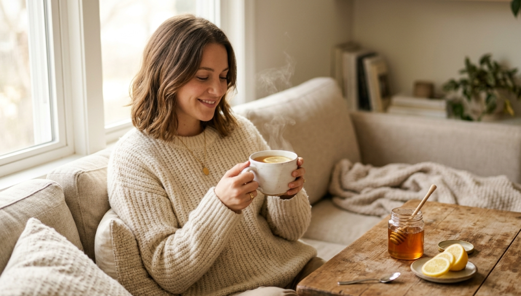 Woman holding a cup of honey lemon tea — one of the most effective dry cough remedies