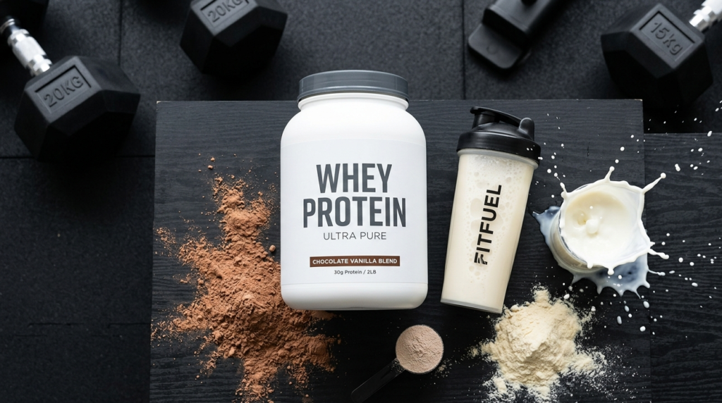 waht is whey protein A whey protein powder container with a shaker bottle, protein scoop, and milk splash on a dark gym-inspired background representing whey protein supplements for fitness and muscle building