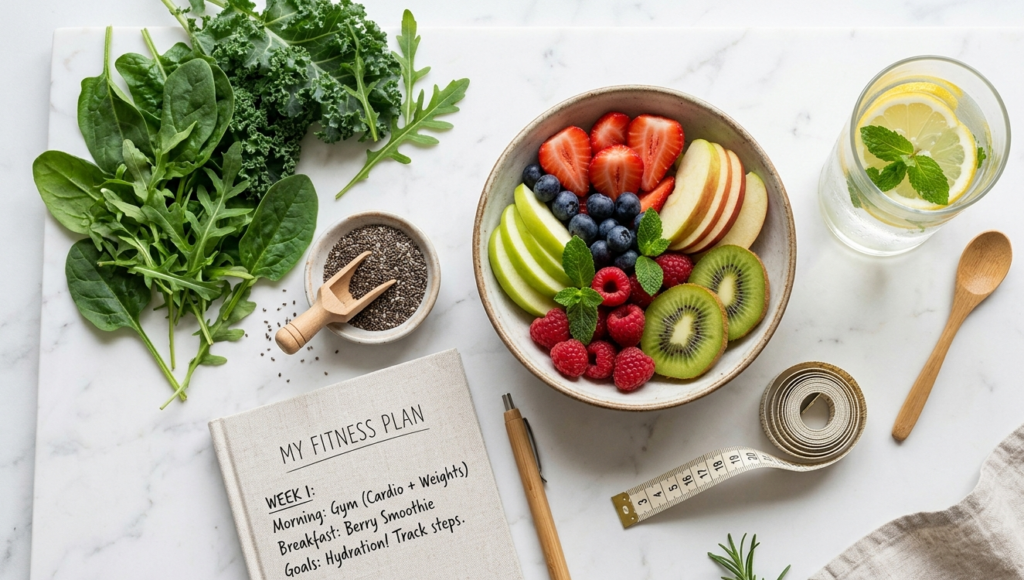 A flat-lay arrangement of natural weight loss foods including fresh fruits, vegetables, lemon water, and chia seeds on a white marble surface, representing a healthy lifestyle.