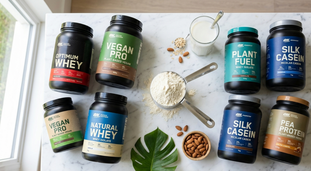 best protein powder in india featuring whey plant and casein options on marble surface