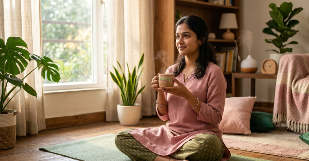 Young woman drinking herbal ginger tea ,how to get periods fast naturally at home