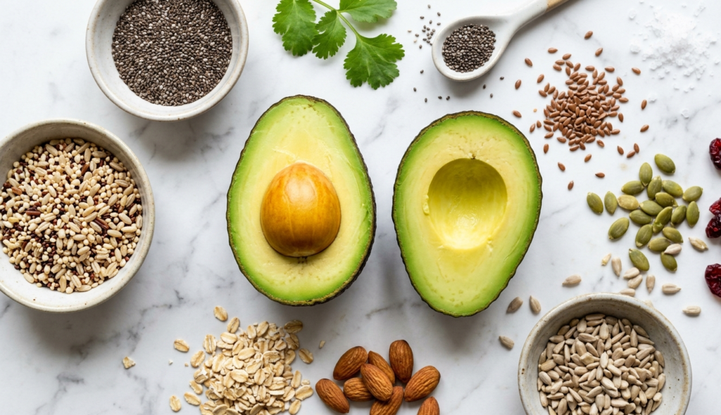 How much fiber in avocado — a halved ripe avocado showing green flesh on white marble surface