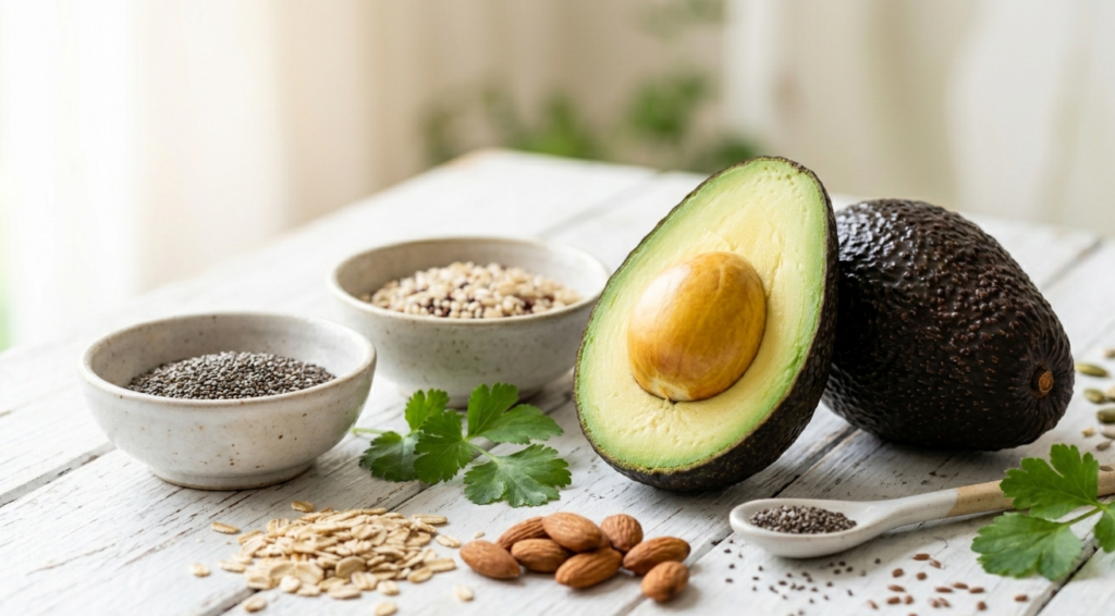 Fresh whole and halved avocado on white wooden table — how much fiber in avocado explained
