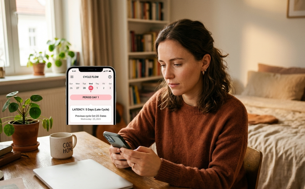 Woman checking period tracking app wondering how to get periods overnight after missed cycle