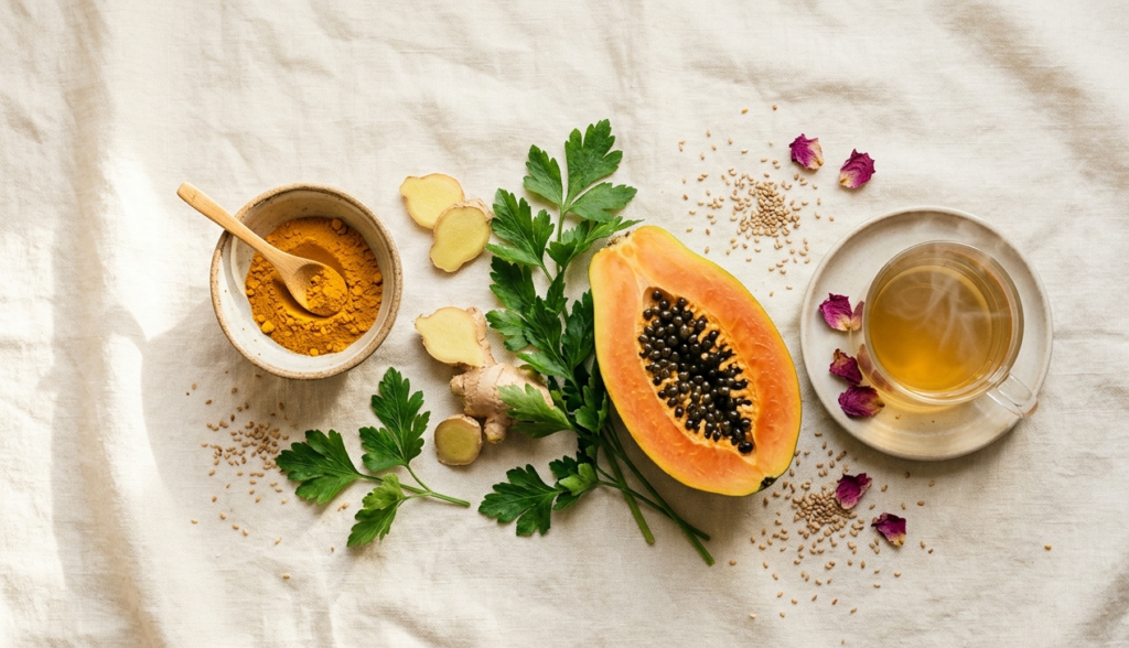 Natural herbs and foods for regular periods ginger, turmeric, papaya, parsley, and herbal tea on a cream background , how to get regular periods naturally