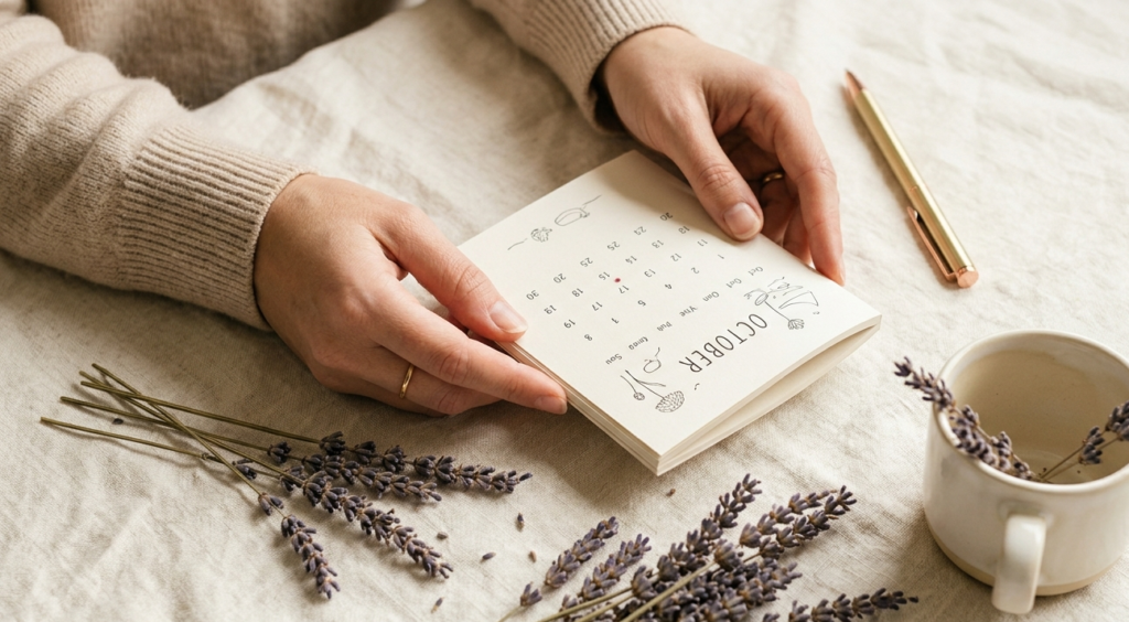 Woman tracking her menstrual cycle on a paper calendar surrounded by lavender and herbal tea, how to regular periods naturally