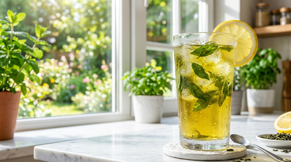 health benefits of green tea, A tall glass of iced green tea with floating tea leaves and lemon on a bright sunny kitchen background