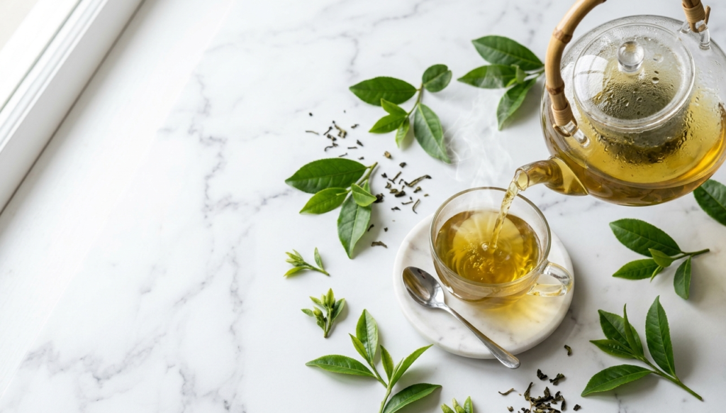 A glass teapot pouring fresh steaming green tea into a cup surrounded by green tea leaves on a white marble surface, health benefits of green tea
