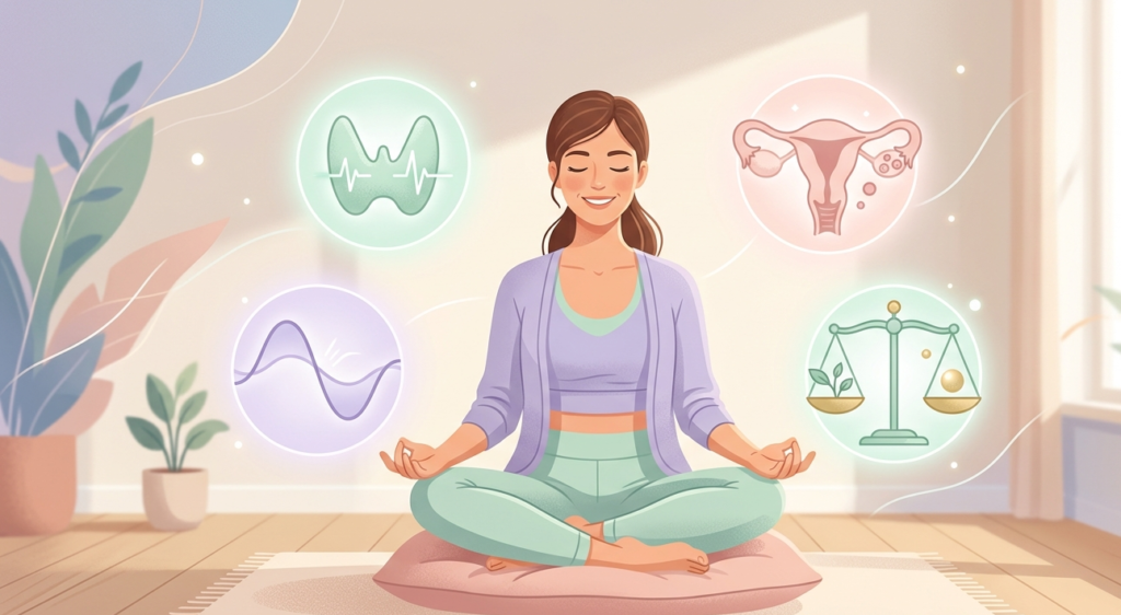 Reasons for hormonal imbalance in females illustrated with a calm woman and glowing hormone icons in soft pastel medical editorial style