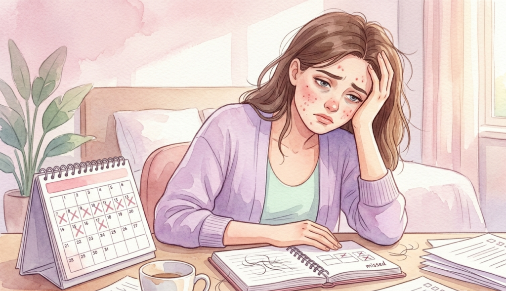 Woman showing common symptoms of hormonal imbalance in females including fatigue hair loss and skin breakouts