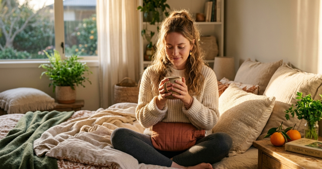 How to get your period in one hour, Natural ways to get your period faster woman drinking herbal tea with hot compress for menstrual health