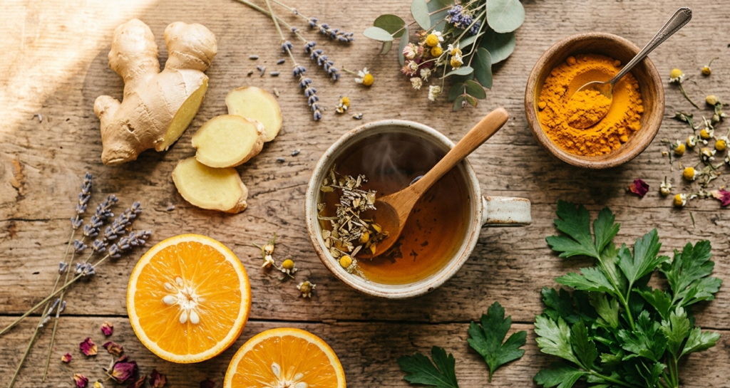 Natural home remedies, how to get periods immediately if delayed — ginger, turmeric, parsley and herbal tea on wooden background