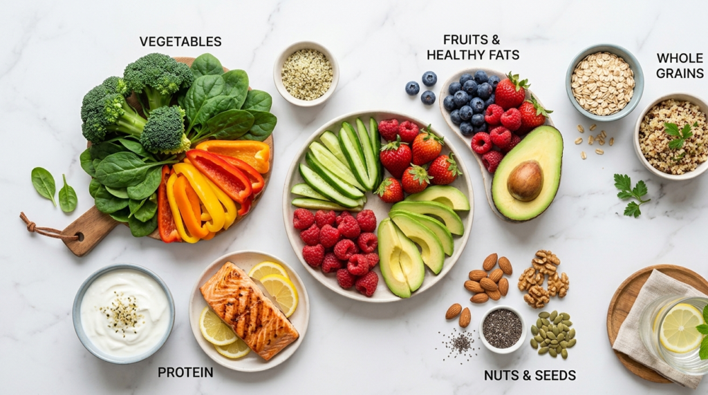 PCOS diet chart showing healthy foods including vegetables, fruits, whole grains, and lean protein for managing PCOS symptoms