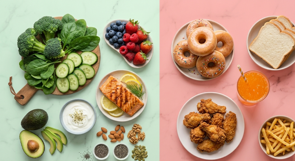  PCOS diet chart Comparison of PCOS foods to eat like vegetables and lean protein 
versus foods to avoid like sugar and fried foods