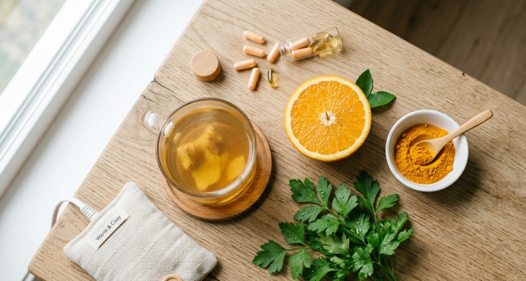 How to get your period in one hour ,
Natural home remedies to induce period faster ginger tea, vitamin C, parsley and heat therapy laid out on wooden table