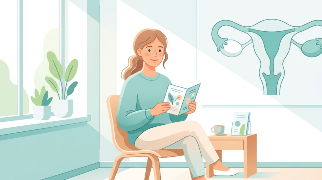A medical illustration of a woman learning about PCOD problem in females at a clinic, with a soft teal ovary diagram in the background — representing awareness and treatment of polycystic ovarian disease.