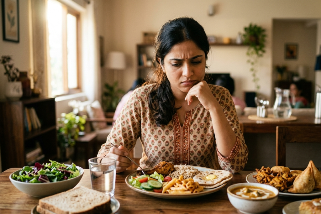 Indian woman with PCOD thinking about what foods to avoid for better hormonal health, pcod food list to avoid
