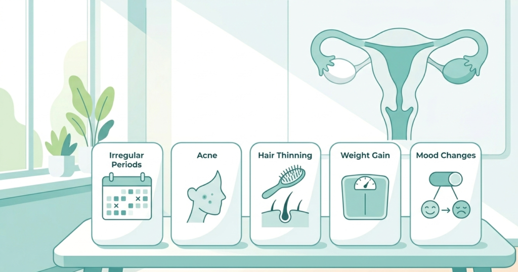 A flat medical illustration showing five symptoms of the what is  PCOD problem in females including irregular periods, acne, hair thinning, weight gain, and mood changes  icons arranged in a clean teal and white layout.