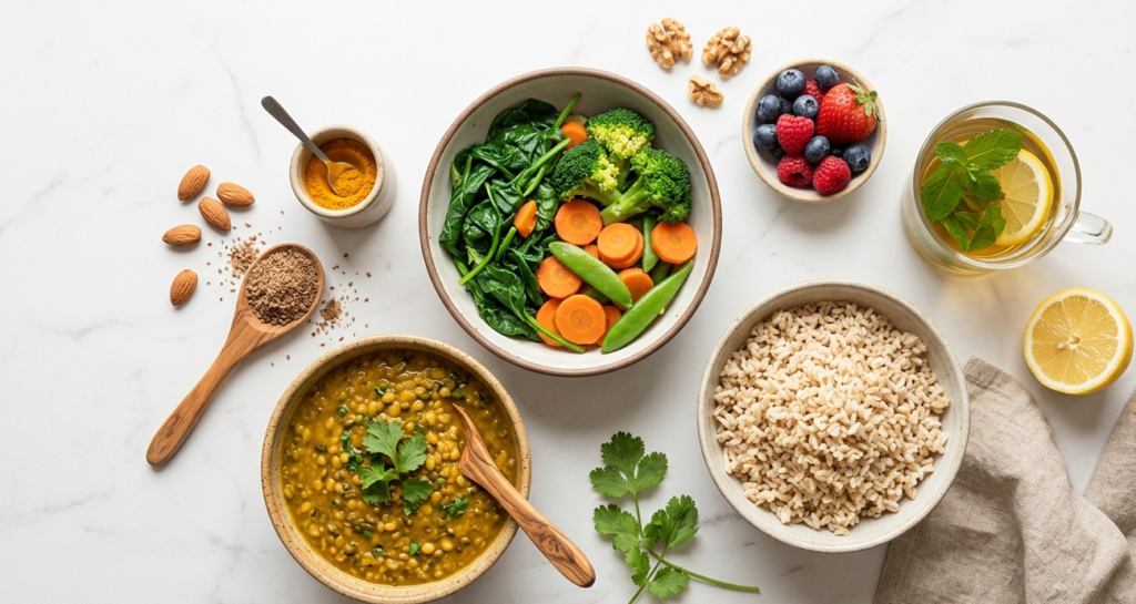 PCOD diet chart featuring a healthy Indian meal spread with vegetables, lentils, brown rice, nuts, seeds, and herbal tea for hormonal balance