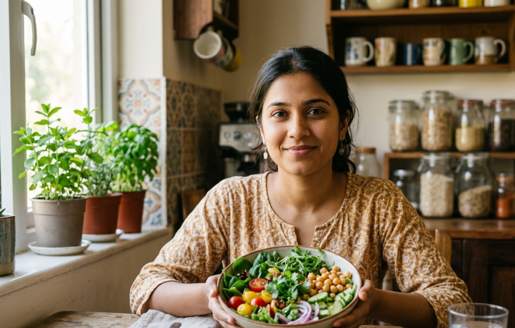 Young Indian woman eating a healthy PCOD-friendly salad as part of her daily PCOD diet chart routine