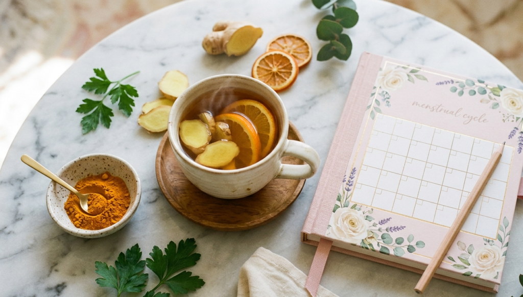 Herbal remedies for how to get periods immediately — ginger tea, turmeric, and parsley on a marble surface